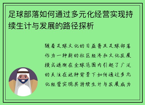 足球部落如何通过多元化经营实现持续生计与发展的路径探析
