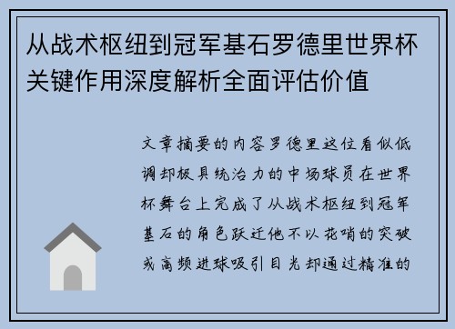 从战术枢纽到冠军基石罗德里世界杯关键作用深度解析全面评估价值