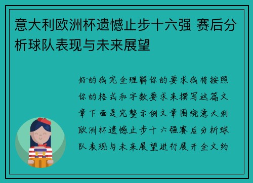 意大利欧洲杯遗憾止步十六强 赛后分析球队表现与未来展望